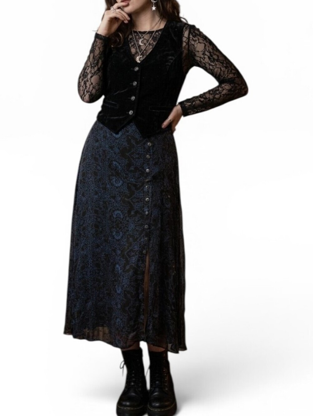 Vintage Revue Black Rayon Midi Skirt Button Down Front Slit 90s Whimsigoth Size
